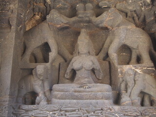Beautiful stone carvings, Ellora Caves, Aurangabad, Maharashtra, Western India, India