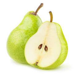 One whole green pear and a pear half isolated on white background
