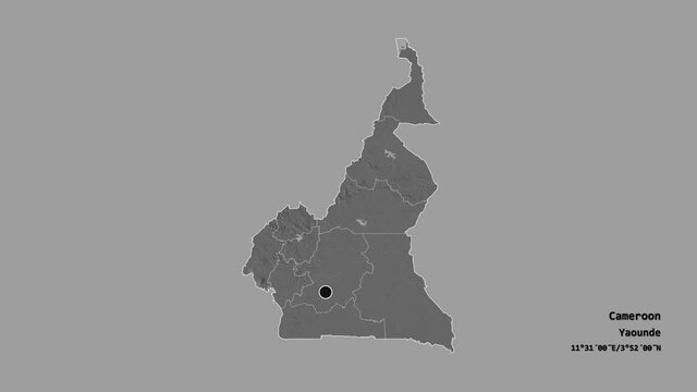 Extr&ecirc;me-Nord, region of Cameroon, with its capital, localized, outlined and zoomed with informative overlays on a bilevel map in the Stereographic projection. Animation 3D