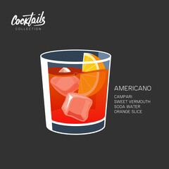 Americano Negroni cocktail vector illustration ice orange slice