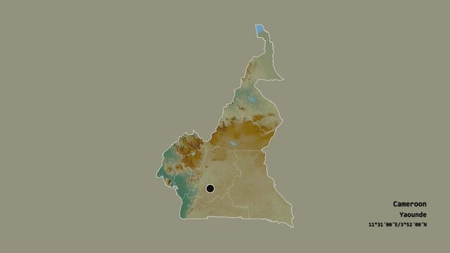 Extr&ecirc;me-Nord, region of Cameroon, with its capital, localized, outlined and zoomed with informative overlays on a relief map in the Stereographic projection. Animation 3D