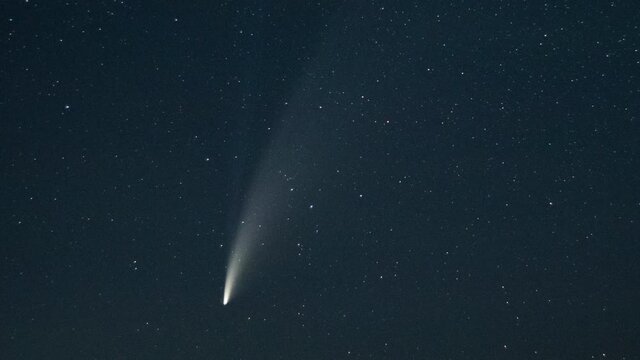Time lapse of the C/2020 F3 NEOWISE comet with ion tail passing on the morning sky