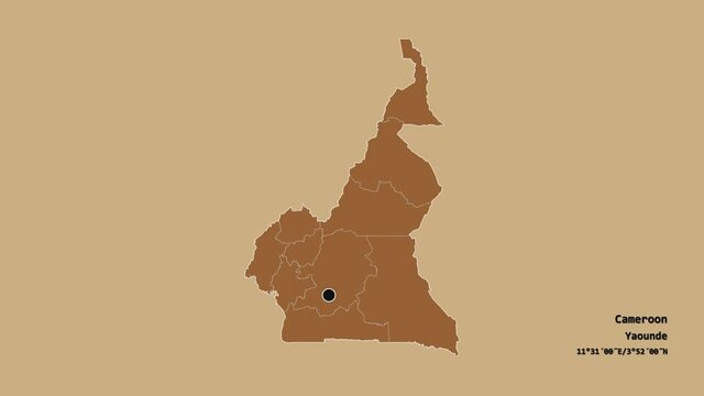 Littoral, region of Cameroon, with its capital, localized, outlined and zoomed with informative overlays on a solid patterned map in the Stereographic projection. Animation 3D