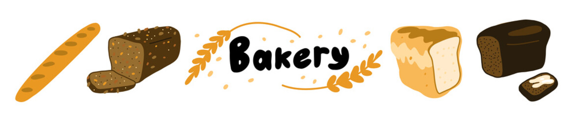 Bakery horizontal banner. White wheat and brown bran bread. Different types assortment shop. Hand drawn sketch. Vector cartoon.