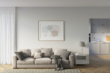 Bright living room with a horizontal poster over a soft sofa overlooking the kitchen. Mockup...