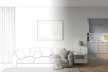 The sketch becomes a real bright living room with a horizontal poster over a soft sofa overlooking the kitchen. Mockup poster. Front view. 3d render