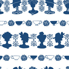 Vector Art deco high tea navy blue and white ladies silhouettes seamless repeat background pattern