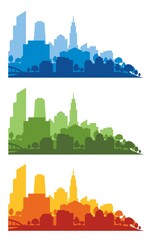 Multicolored megapolis silhouettes, isolated on white. Vector illustration set