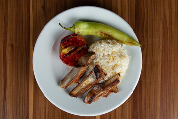 Fried Lamb Rib Menu, Rice, Pepper, Tomato, Turkish Cuisine