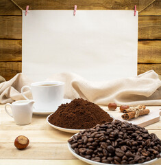 Stage coffee bean, powder, cup of coffee