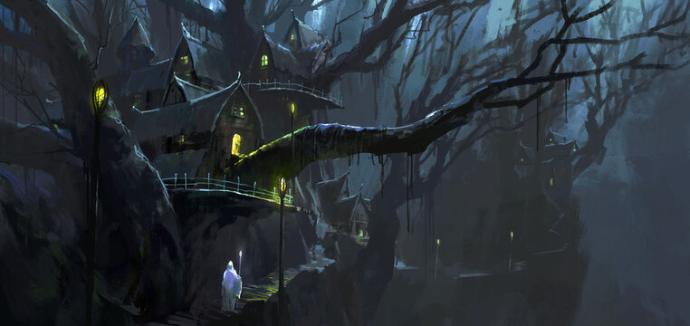 The magician walks between the magical tree houses, digital painting.