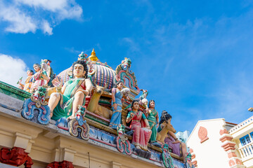 SINGAPORE - June  20 : Sri Veeramakaliamman Hindu Temple on 20 June 2019 at Singapore. The Hindi are the third biggest minority in Singapore with their own religion. selective focus