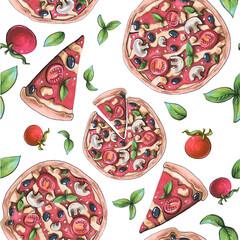 Pattern Pizza Tomato Basil Olives Slice Illustration
