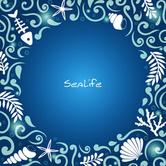 Abstract marine life with line curve frame vector on blue background for decoration on summer holiday events.