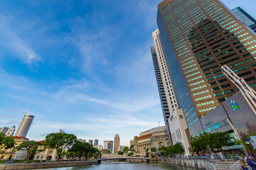  An array of multi-storey buildings in the middle of the field with river on sky background in singapore city. decoration image contain certain grain noise and soft focus.
