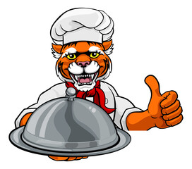 A tiger chef mascot cartoon character holding a silver platter cloche dome of food peeking round a sign