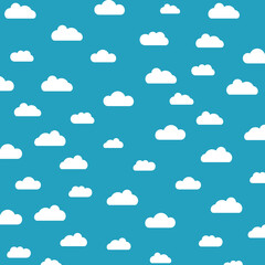 Fototapeta premium White cartoon clouds set isolated on blue background. Collection of different clouds for web site, background template, wallpaper and sky design. Creative modern concept. Clouds vector illustration