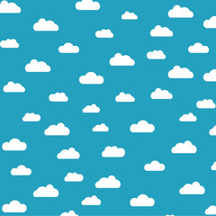 Fototapeta premium White cartoon clouds set isolated on blue background. Collection of different clouds for web site, background template, wallpaper and sky design. Creative modern concept. Clouds vector illustration
