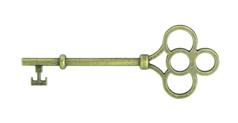 Vintage antique golden key isolated on white background with clipping path.