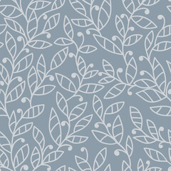 Fototapeta na wymiar Doodle light gray leaf with simple decor on pale blue background. Seamless floral pattern. Suitable for textile, packaging, wallpaper.