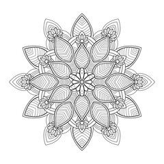 Abstract dynamic mandala with striped and flower pattern on white isolated background. For coloring book pages.