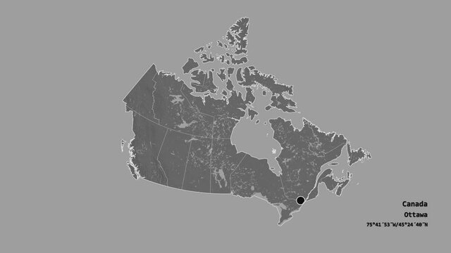 British Columbia, province of Canada, with its capital, localized, outlined and zoomed with informative overlays on a bilevel map in the Stereographic projection. Animation 3D