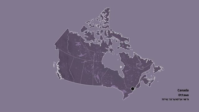 Manitoba, province of Canada, with its capital, localized, outlined and zoomed with informative overlays on a administrative map in the Stereographic projection. Animation 3D