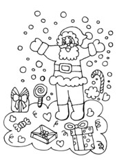 Santa Claus and Gift, coloring page.
