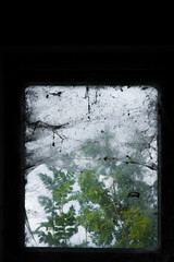 Une fenêtre cassée avec des toiles d'araignée