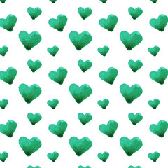 green watercolor hearts pattern seamless white background colorful romantic texture valentine`s day hand drawn illustration love isolated sample element for label poster packing postcard