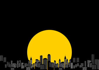 都市の夜景　満月　高層ビル
