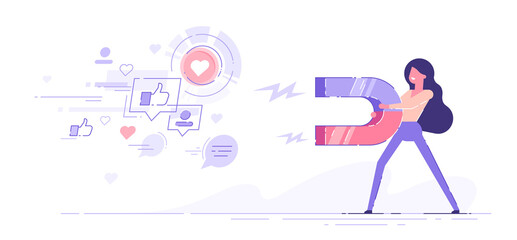 Woman attracting likes signs, comments and followers with a huge magnet. Social media marketing concept. Modern vector illustration.