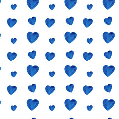 blue watercolor hearts pattern seamless white background colorful romantic texture valentine`s day hand drawn illustration love isolated sample element for label poster packing postcard