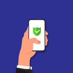 Businessman Using Smartphone With Anti-Virus Protection Over Blue Background, Vector