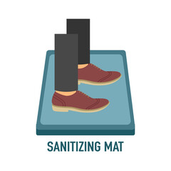 Man standing on disinfection mat to clean shoe from Covid-19 coronavirus and bacteria. Healthcare concept vector illustration on white background.