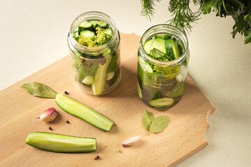 Fermented homemade cucumbers with garlic, pepper and herbs.