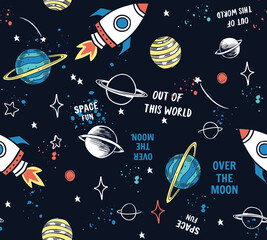 Hand drawn space elements seamless pattern. Space background. Space doodle illustration. Vector illustration. Seamless pattern with cartoon space rockets, planets, stars, slogans © cddesign.co