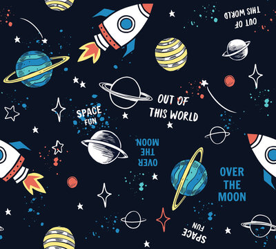 Hand drawn space elements seamless pattern. Space background. Space doodle illustration. Vector illustration. Seamless pattern with cartoon space rockets, planets, stars, slogans