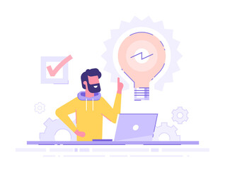 Handsome businessman working on his laptop holding up his index finger and creating a new idea.  Shiny light bulb. Business idea concept. Modern vector illustration.