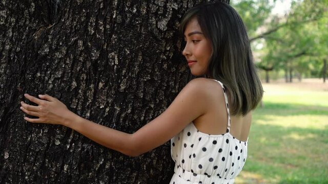 Young brunette woman hugging the big tree in the park. Beautiful girl embracing wood tree with love of nature and environment.
