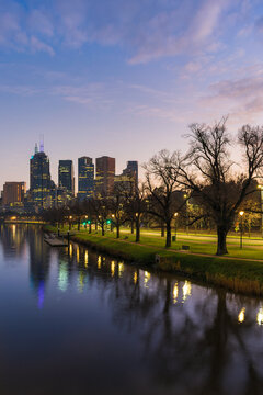 The Yarra River leading into the Melbourne in Australia during winter