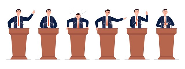 A male politician has a speech on the tribune. Different emotions of a political candidate. Public speaking concept. Vector character in cartoon style.