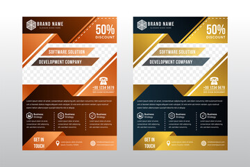 set of vertical layout of multipurpose flyer design use diagonal elements with paper cut style. The object use blue and brown gradient on background, orange and gold on element. diagonal shape photo