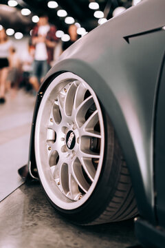 Russia, St.Petersburg - july 27, 2019: Car with silver sports bbs wheels.