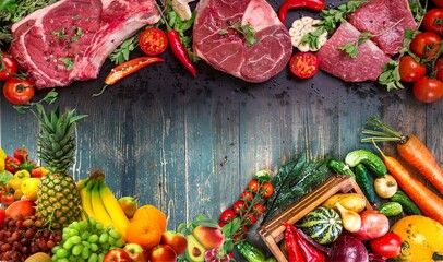 Assortment of raw meat on a wooden table with vegetables, herbs and sprinkled with spices, top view. Composition for outdoor advertising and display cases