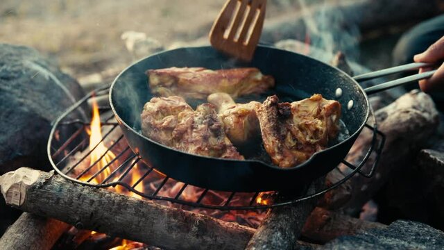Pan seared chicken on campfire