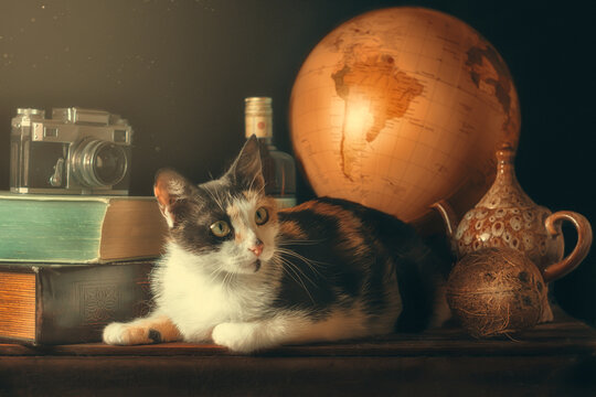 tricolor cat among old things in the sunlight and dust
