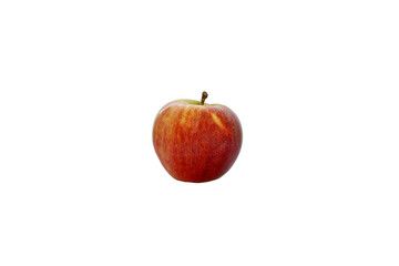 Isolated color photo of a red ripe apple with a sprig on a white background. Healthy eating Vitamins in fruits. Veganism and veggie.