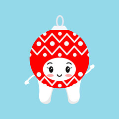 Cute tooth in red christmas ball carnival costume isolated on white background. Xmas white tooth character. Flat design cartoon kawaii style vector illustration.