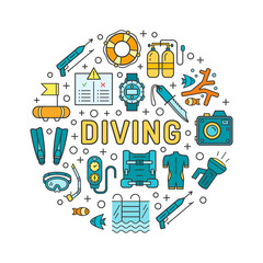 Diving equipment and scuba gear thin line icon set